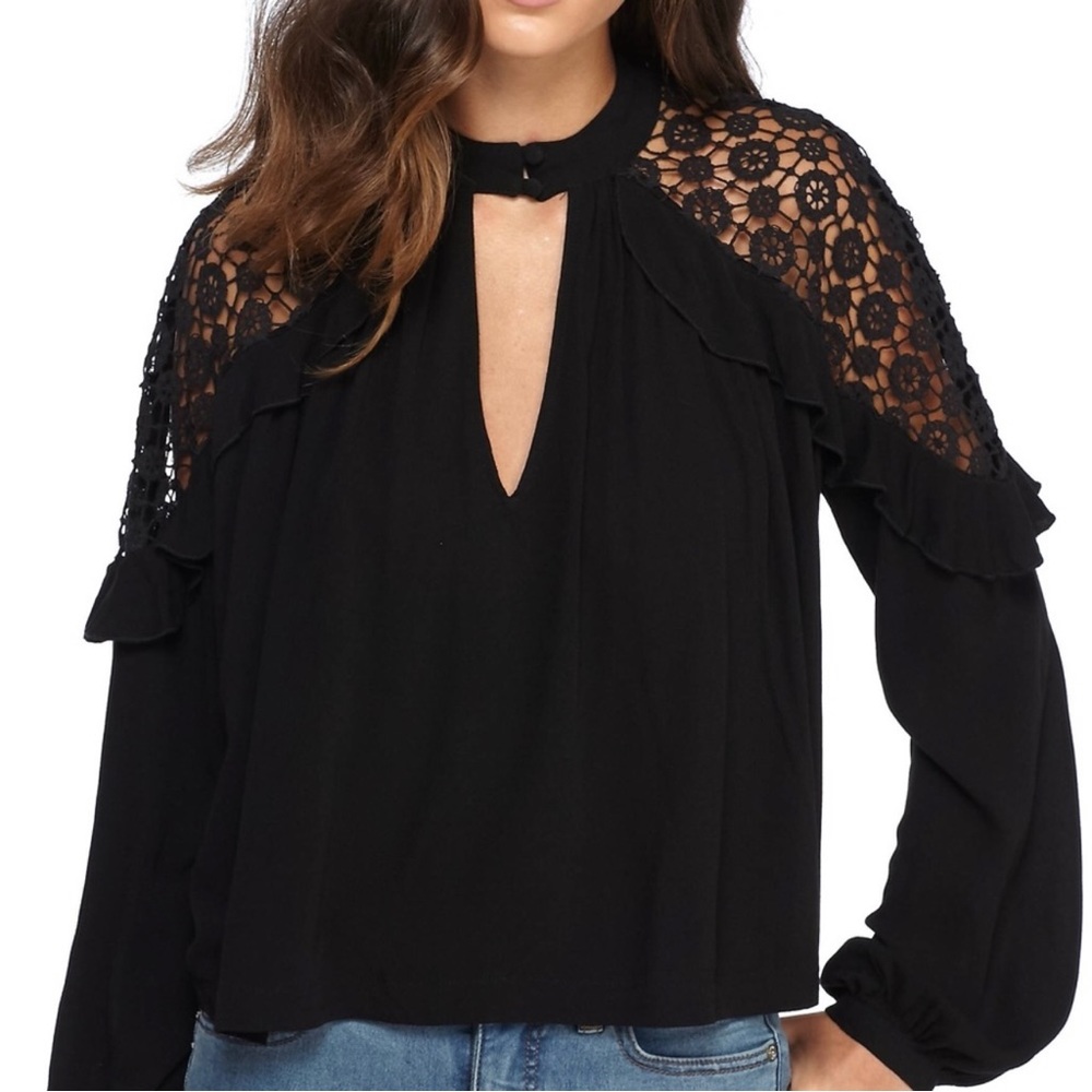 SOLD-Free People Ruffled Crochet Lace Black Draped Relaxed Long Sleeve Top - Picture 1 of 13